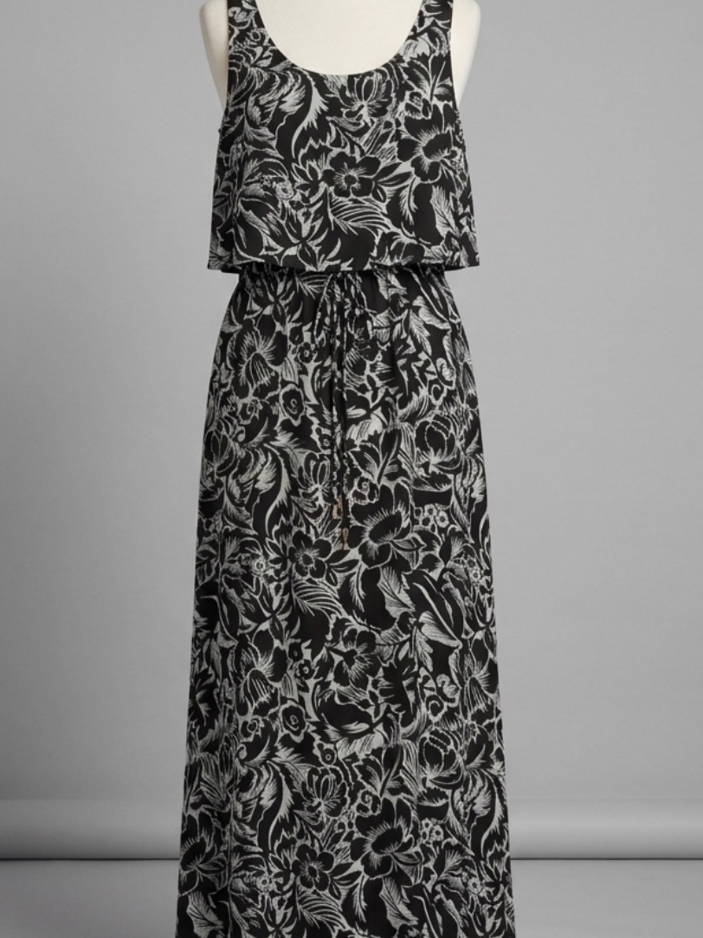 Ivanka Trump Floral Maxi Dress Black White Sleeveless Popover Drawstring Waist